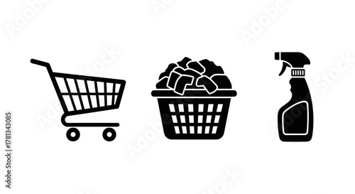 Minimalist icons of shopping cart, laundry basket, and spray bottle in black