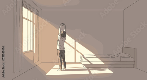 Woman standing and stretching in a sunlit bedroom, with light streaming through a large window, illuminating the minimalist furnishings.