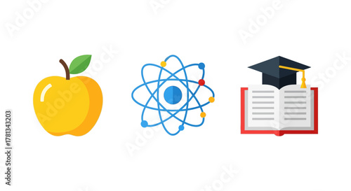 Education symbols: apple, atom, and graduation cap for learning and science