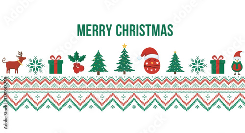 Festive merry christmas greeting with cute holiday characters and traditional nordic sweater pattern