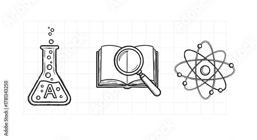 Scientific exploration: sketch style icons of chemistry, research, and physics concepts