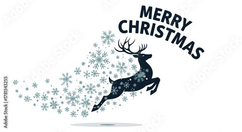 Silhouette of a leaping reindeer with snowflakes and merry christmas text on a white background
