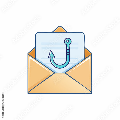 Open Envelope with Fishing Hook Icon on White Background Representing Phishing letter mail