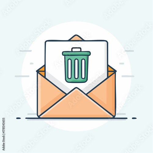 Stylized Open Envelope with Trash Can Icon and Motion Lines email message