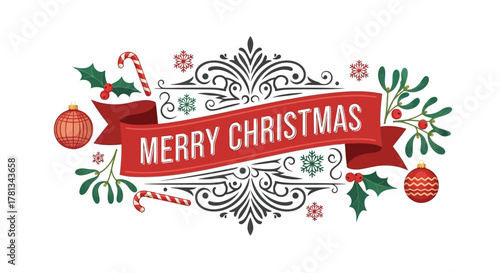 Festive merry christmas banner with traditional holiday decorations and ornate scrollwork on white background
