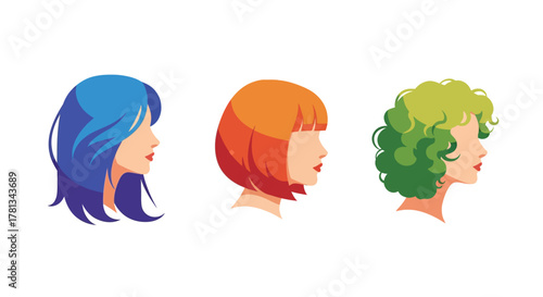 Colorful hairstyles: vibrant female profiles with blue, red, and green hair