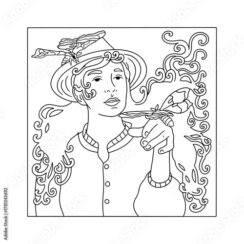 Art nouveau style beautiful long hair woman and silkmoths adult coloring book page vector illustration
