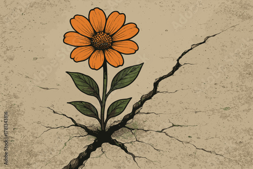 Vibrant orange flower with green leaves growing resiliently through cracked dry earth, symbolizing strength and hope.