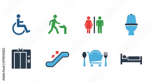 Colorful flat icons of public facility and accessibility signs