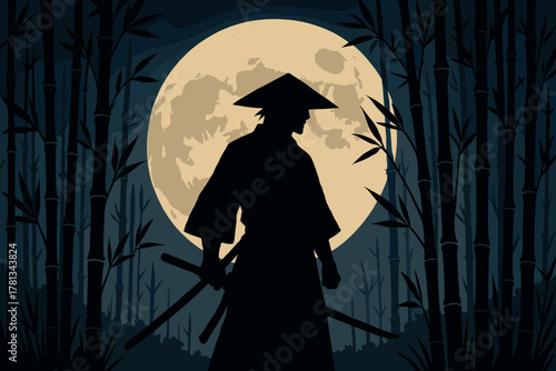 Silhouette of a male samurai holding two swords, standing in a bamboo forest with a full moon in the background.