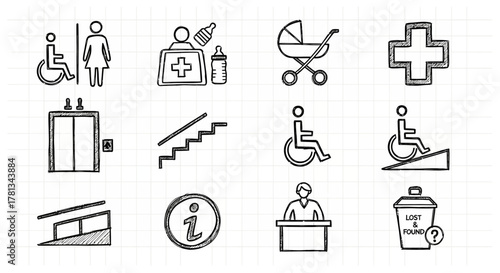 Hand-drawn public facilities icons on graph paper background for accessibility and navigation