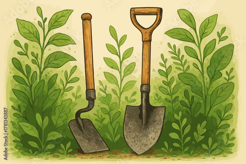 Two rustic garden tools, a trowel and a spade, with wooden handles resting upright against lush green foliage.