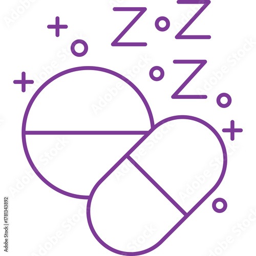 Fototapete Purple Outline Icons of a Round Pill and Capsule With Zzs Representing Sleep or