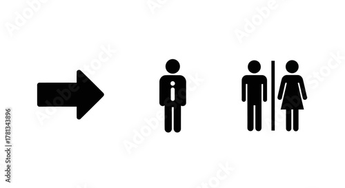Arrow direction icon and restroom symbols in minimalist design