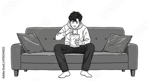 Monochrome scene: person relaxing on couch enjoying a snack