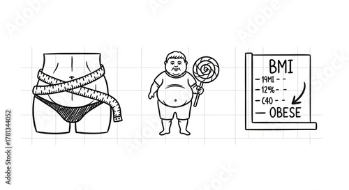 Childhood obesity concerns depicted in linear illustration with symbolic elements