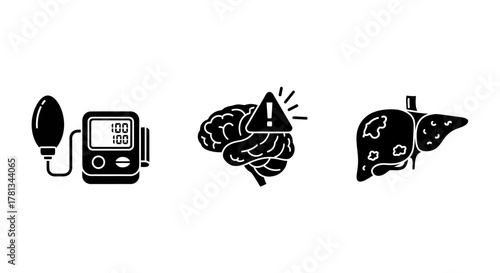 Silhouette icons of blood pressure monitor, alert brain, and diseased liver