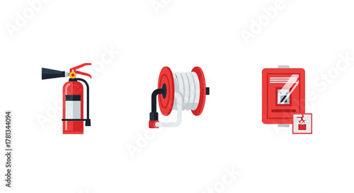 Essential firefighting tools: extinguisher, hose, and alarm in flat style design