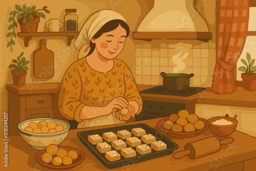 Caucasian adult female wearing a headscarf, preparing dough in a cozy kitchen with homemade bread rolls, spices, and a pot on the stove.