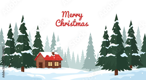 Cozy wooden cabin nestled in a snowy evergreen forest with merry christmas text