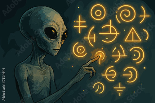 Alien touches glowing symbols on a dark background, showcasing mysterious extraterrestrial and geometric designs.