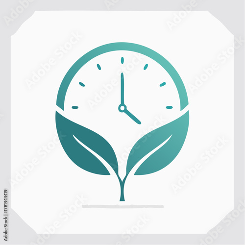 Teal gradient clock with two leaves and a stem on a white background with a subtle gray border time nature