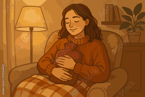 Young caucasian female sitting comfortably in an armchair, relaxing with a warm hot water bottle, covered by a checkered blanket in a cozy, dimly-lit room.