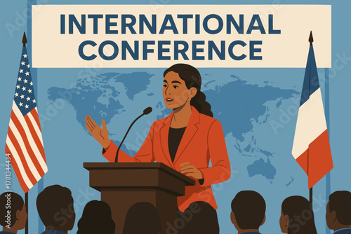 Female hispanic young adult speaker delivering a speech at an international conference, standing at a podium with flags and a world map in the background.
