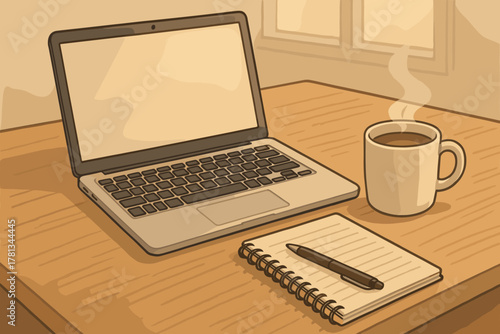 Open laptop on a wooden table next to a steaming cup of coffee and a spiral notebook with a pen, suggesting a cozy work or study environment.