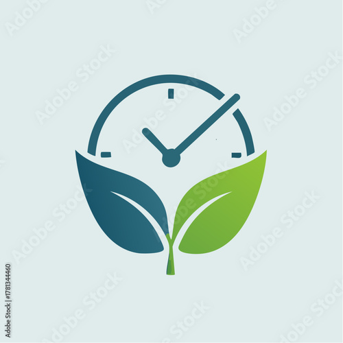 Blue and green clock with two leaves and a stem on a light blue background time nature
