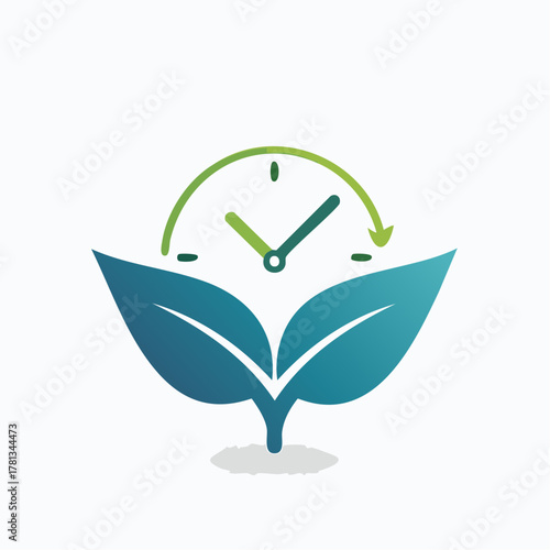 Clock with green arrow and two teal leaves on a white background with shadow time nature