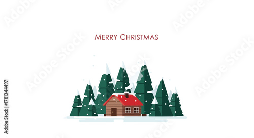 Cozy log cabin nestled among snow covered pine trees with merry christmas text