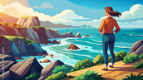 A woman in casual travel outfit standing on a rocky seaside cliff, overlooking turquoise ocean waves under a bright sky, evoking a sense of peace, discovery, and wanderlust, detailed summer travel