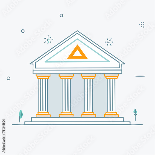 Stylized illustration of a classical Greek building with columns and a triangular pediment featuring an orange triangle symbol