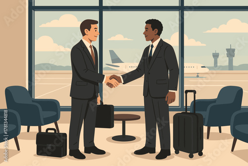 Two adult male professionals, one caucasian and one african, shake hands in an airport lounge, wearing business suits and standing beside luggage.