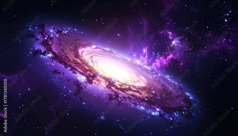 Fototapeta premium A majestic purple spiral galaxy with a luminous core shines in deep space