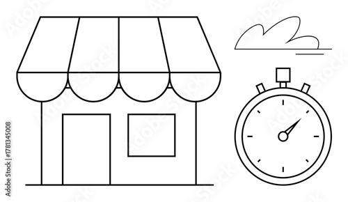 Small storefront with striped awning, stopwatch for time emphasis, and a minimal cloud above. Ideal for retail, efficiency, time management, deadline, delivery, scheduling productivity simple flat