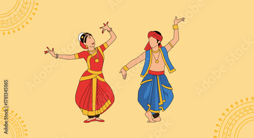 Traditional indian dancers, a female and male, perform in colorful attire against a decorative background, showcasing classical dance forms with expressive gestures.