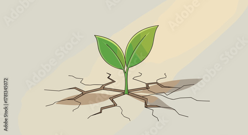 A small green plant with two leaves emerges through cracked dry ground, symbolizing resilience and growth.