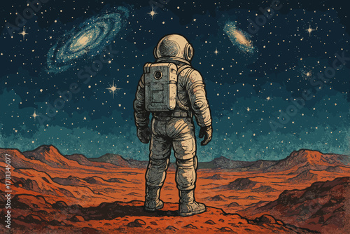 An astronaut in a spacesuit stands on a rocky alien landscape, gazing at starry skies and distant galaxies.