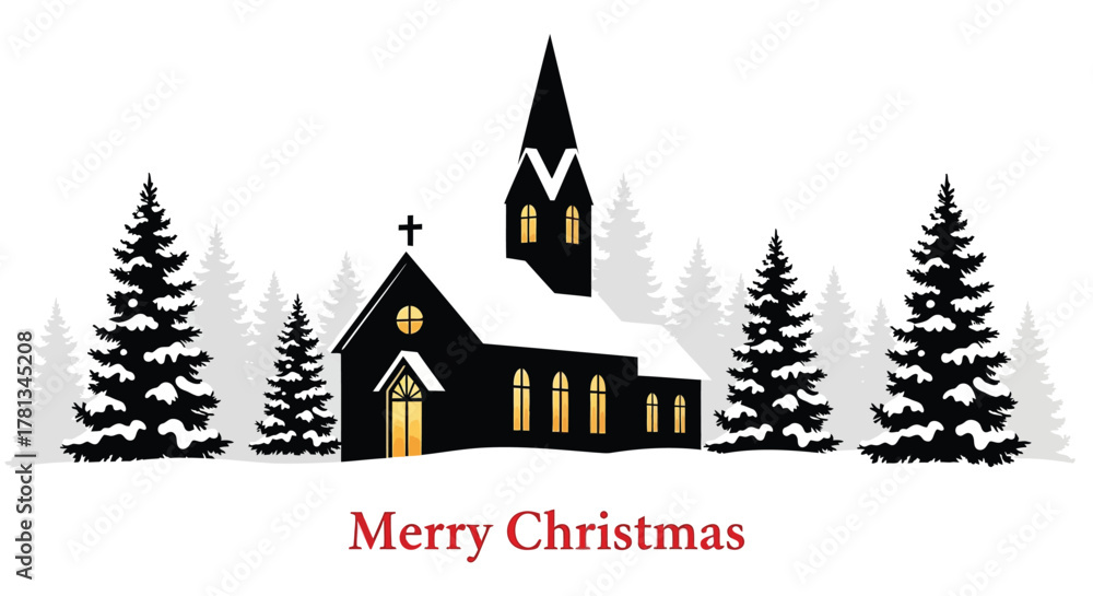 Fototapeta premium Silhouette of a snow covered church and pine trees with warm glowing windows on christmas eve