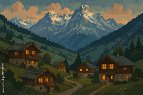 Picturesque mountain valley at sunset with snow-capped peaks and illuminated wooden cabins nestled among lush green hills and trees.