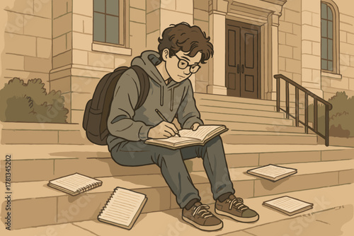 Young caucasian male teenager sitting on stairs outside a building, wearing glasses and a hoodie, writing in a notebook with scattered papers around him.