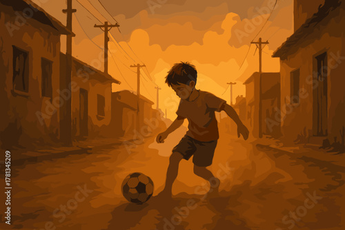 Young caucasian boy engaging in a soccer game on an empty street during sunset.