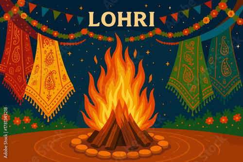 Vibrant lohri festival illustration featuring a large bonfire surrounded by traditional punjabi decorations, with colorful fabrics and banners in the background.