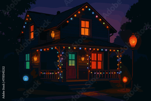 A charming house adorned with colorful string lights glowing warmly during nighttime, creating a cozy ambiance with lit windows and front porch.