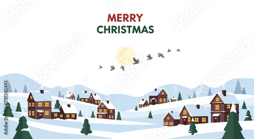 Charming snow covered village with warm glowing windows and birds flying under a full moon on christmas eve