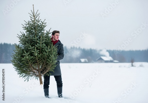 Young man carrying a freshly cut Christmas tree through snow-covered field
