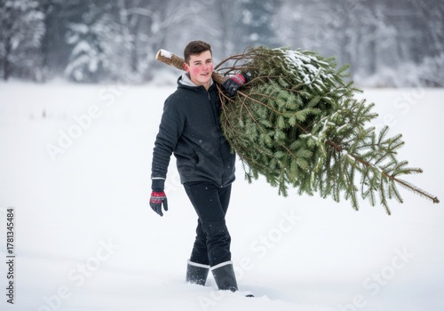 Young man carrying a freshly cut Christmas tree through snow-covered field