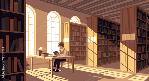 Young caucasian male reading a book at a sunlit table in a spacious, serene library with tall shelves and arched windows.